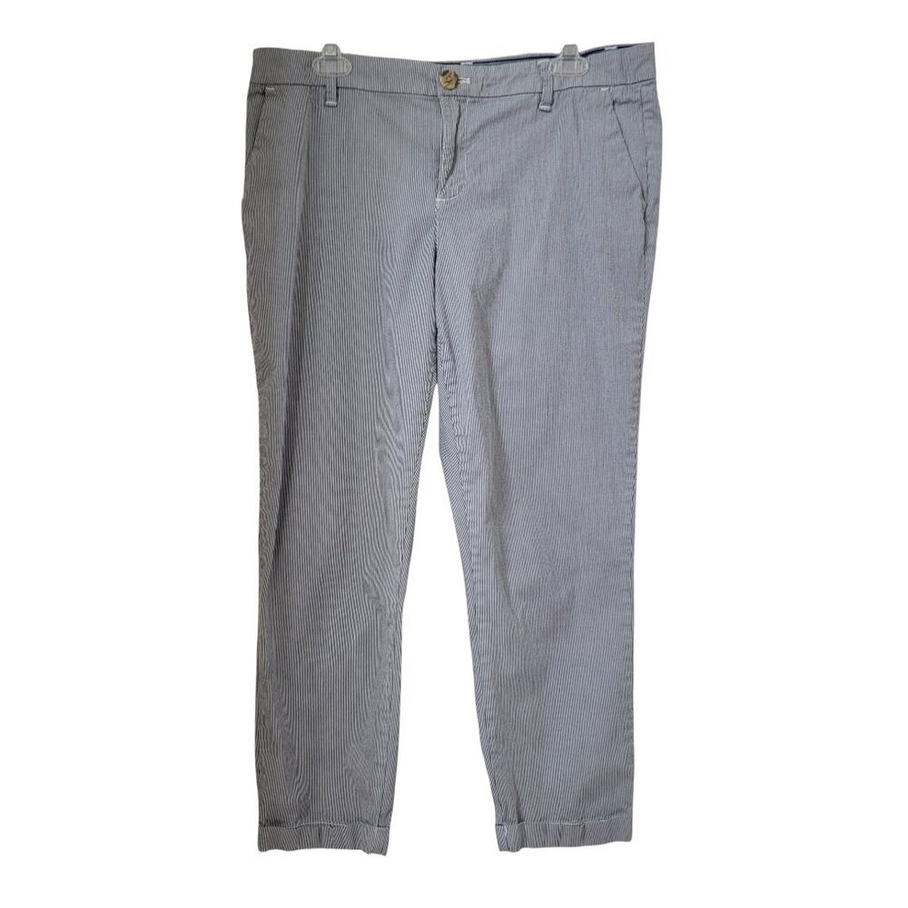 Tommy Hilfiger Size 12 Blue White Striped Slim Fit Pants, Cuffed Hem, Cropped